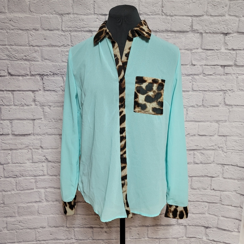 Turquoise & Cheetah Print Button Down Blouse - Size Small